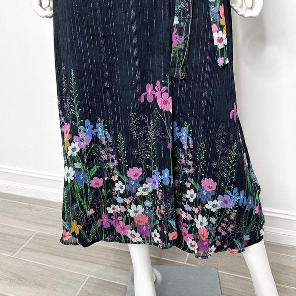 Anthropologie Laia Metallic Floral Print Midi Wrap Dress Black Navy Women's Sz S - Picture 13 of 17